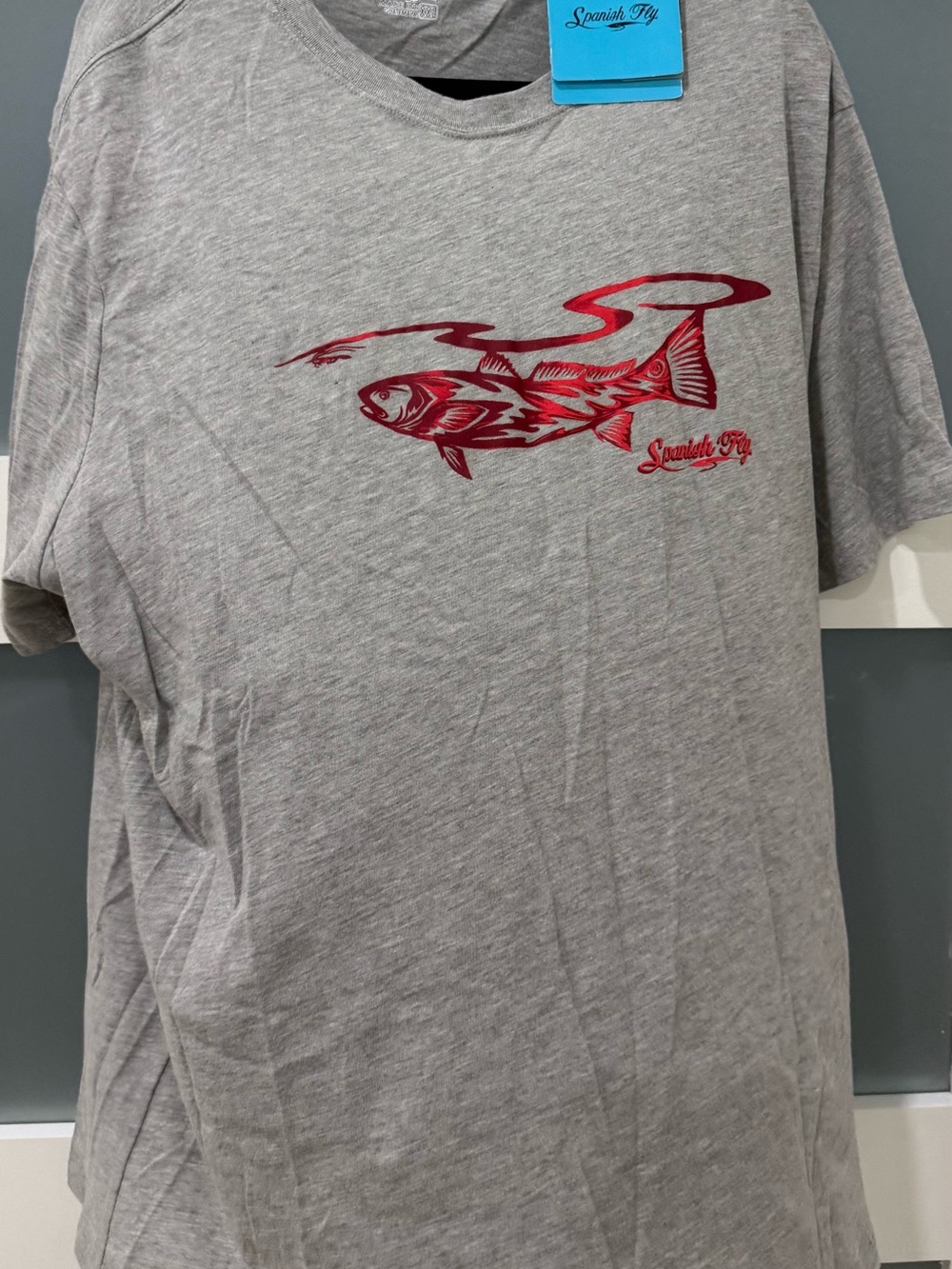 Spanish Fly Men's Short Sleeve Gray Tee with Red Fish Graphic